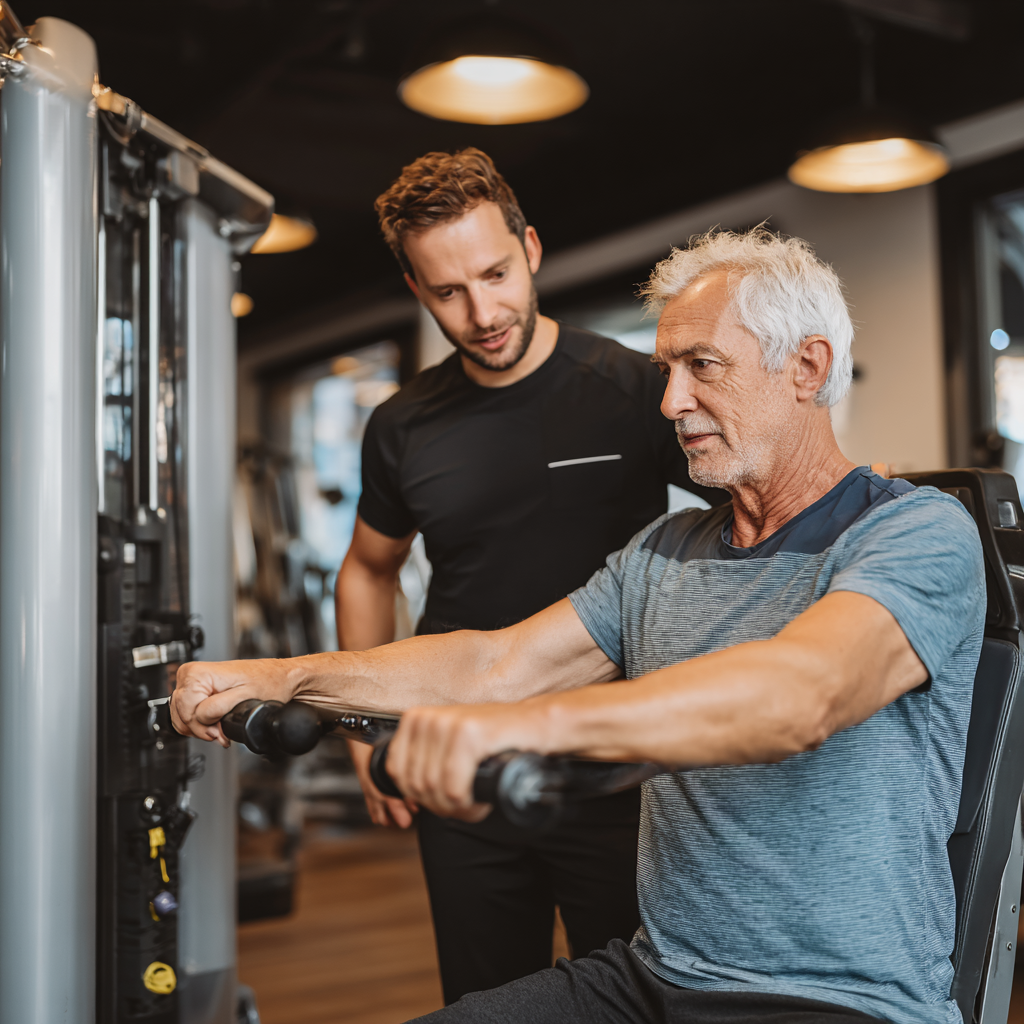 Досвідчений тренер працює з чоловіком 58 років, показуючи правильну техніку виконання вправ на тренажері у затишному фітнес-залі