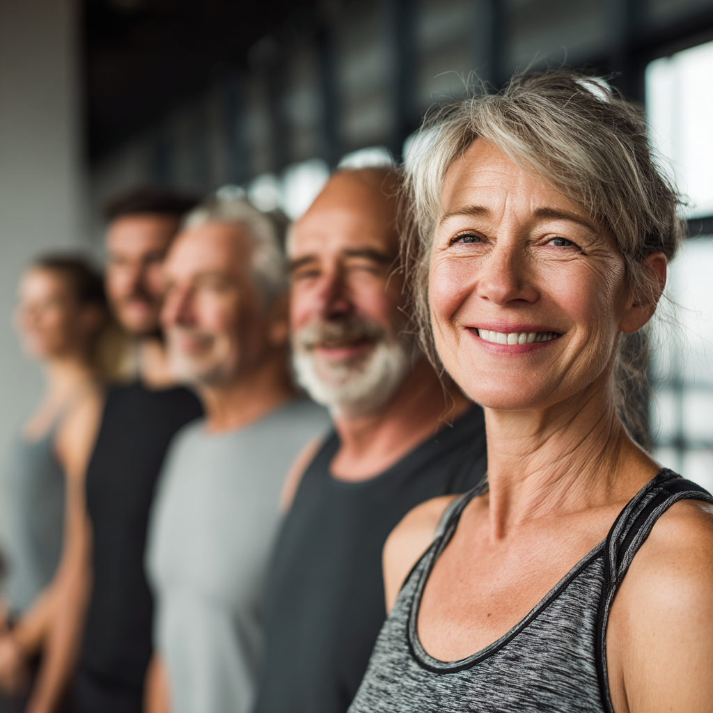 Група людей віком 50-60 років з усмішками на обличчях після завершення групового тренування у просторому фітнес-залі з великими вікнами
